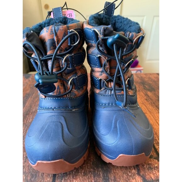 Kids Waterproof Winter Boots Size 7/8 Blue & Brown Insulated Snow Shoes With Dur - Picture 1 of 7